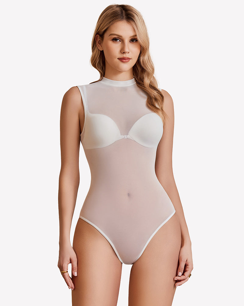 See Through Mesh Sleeveless Bodysuits White Lingeries-Bodysuits - Tophatter Daily Deals