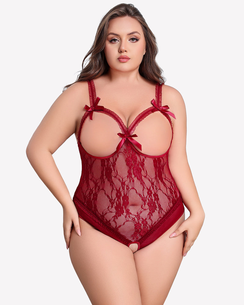 Plus Size Crotchless Exotic Lace Teddies Wine Red Lingerie Sets-Plus size - Tophatter Daily Deals