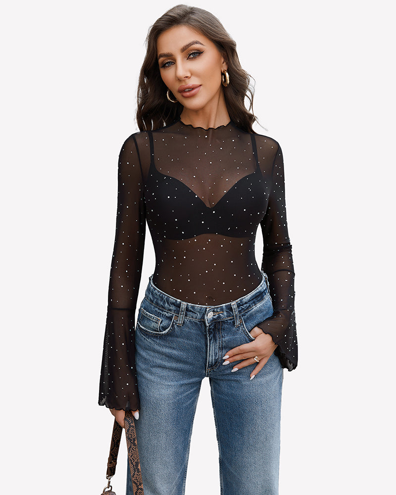 Long Sleeve Rhinestone Bodysuit Lingeries-Bodysuits - Tophatter Daily Deals