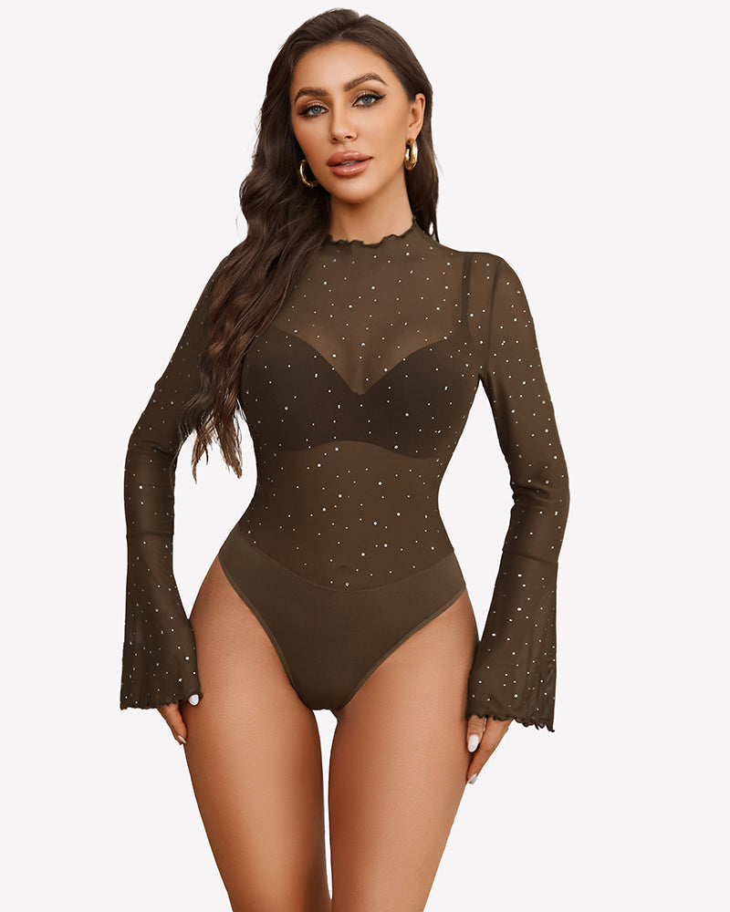 Long Sleeve Rhinestone Bodysuit Brown Lingeries-Bodysuits - Tophatter Daily Deals