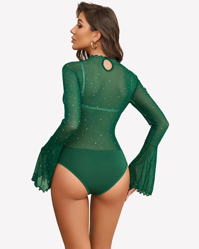 Long Sleeve Rhinestone Bodysuit Lingeries-Bodysuits - Tophatter Daily Deals