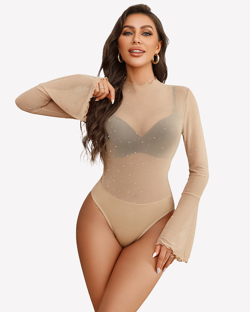 Long Sleeve Rhinestone Bodysuit Nude Lingeries-Bodysuits - Tophatter Daily Deals