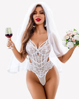 Lace Teddy V Neck Cut Out Snap Crotch Bodysuit White Lingeries-Bodysuits - Tophatter Daily Deals
