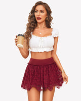⚡Flash Sale- Flowy Layered Lace Asymmetrical Short Skirts Wine Red Lingeries-mini skirts - Tophatter Daily Deals
