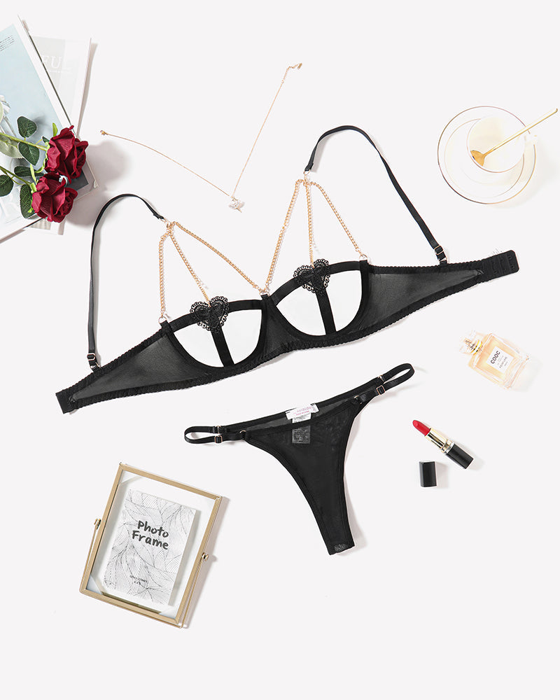 Chain Heart Cutout Bra and Panty Sets Black Lingerie Sets-Bra Sets - Tophatter Daily Deals