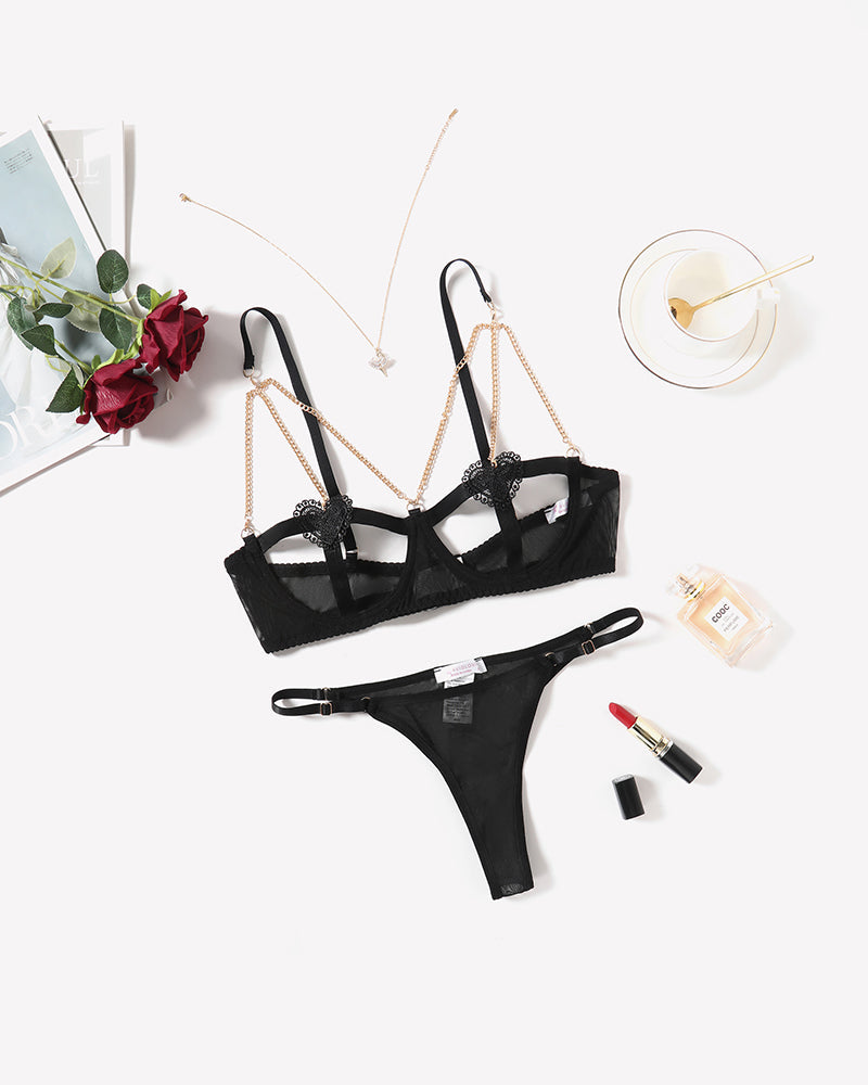 Chain Heart Cutout Bra and Panty Sets Lingerie Sets-Bra Sets - Tophatter Daily Deals