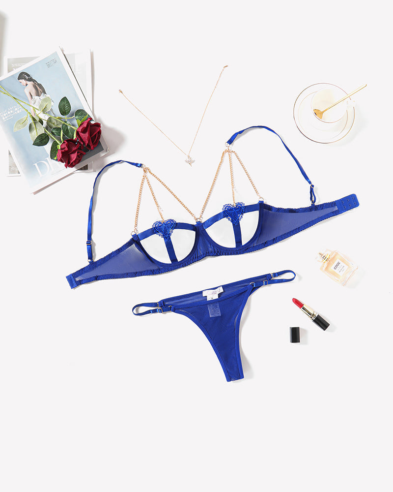 Chain Heart Cutout Bra and Panty Sets Sky Blue Lingerie Sets-Bra Sets - Tophatter Daily Deals