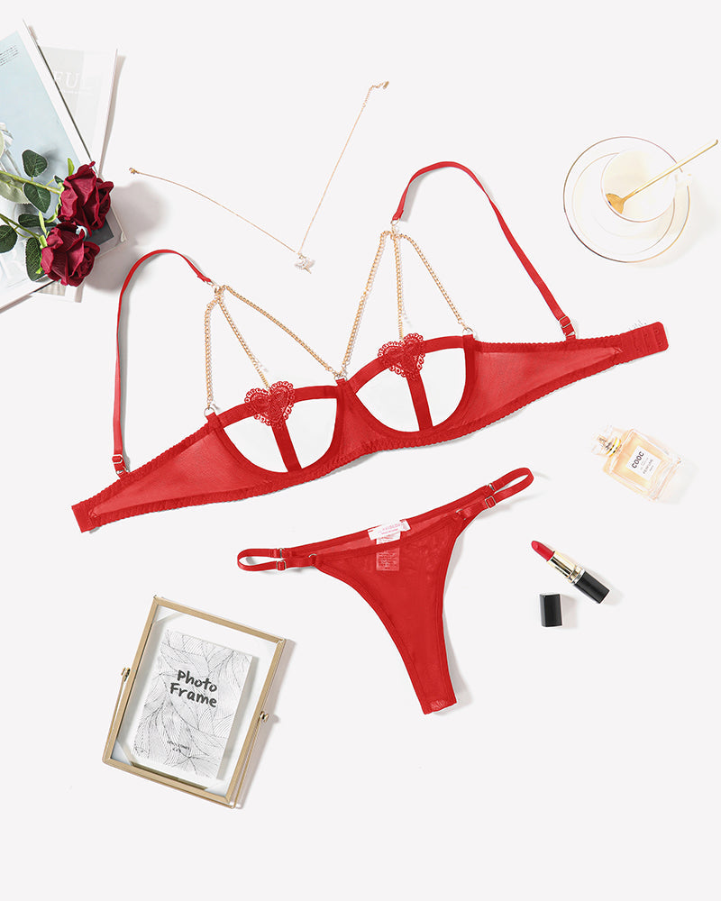 Chain Heart Cutout Bra and Panty Sets Red Lingerie Sets-Bra Sets - Tophatter Daily Deals