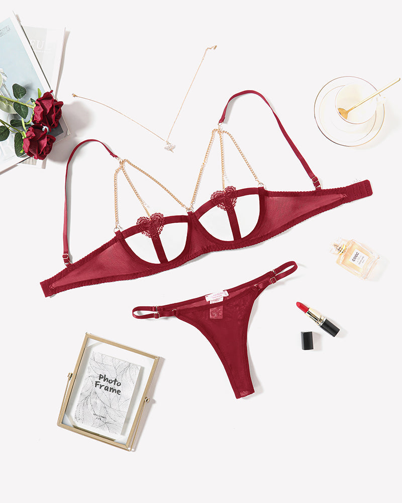 Chain Heart Cutout Bra and Panty Sets Wine Red Lingerie Sets-Bra Sets - Tophatter Daily Deals