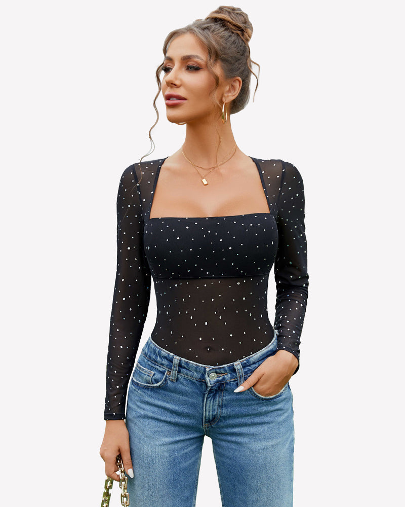 Long Sleeve Rhinestone Mesh Bodysuits Lingeries-Bodysuits - Tophatter Daily Deals