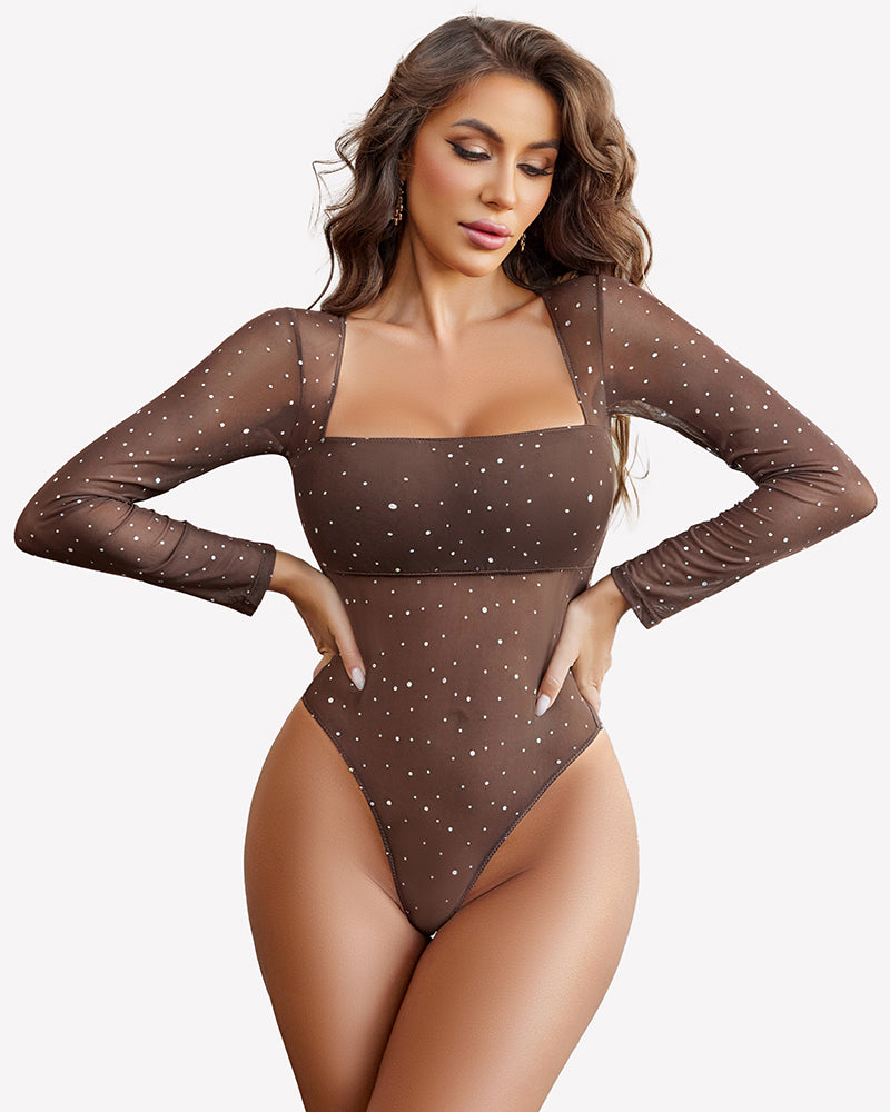 Long Sleeve Rhinestone Mesh Bodysuits Brown Lingeries-Bodysuits - Tophatter Daily Deals