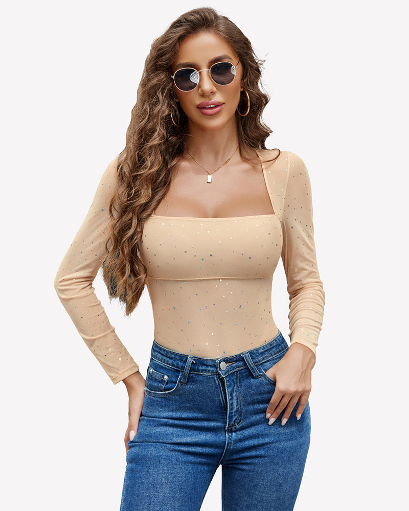 Long Sleeve Rhinestone Mesh Bodysuits Lingeries-Bodysuits - Tophatter Daily Deals