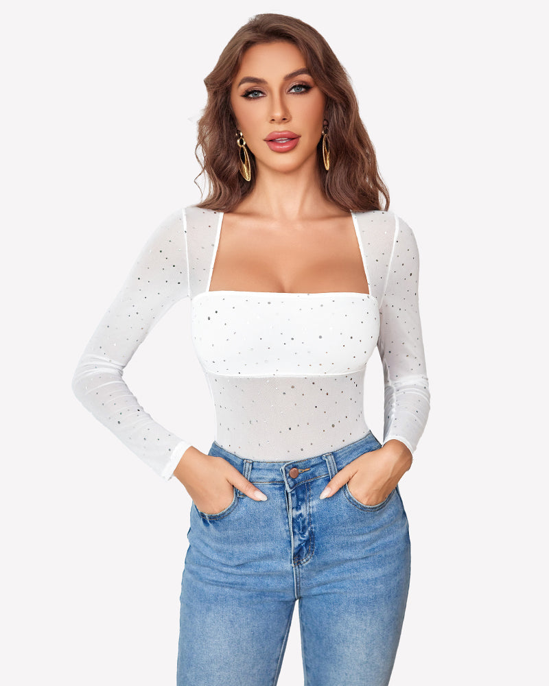 Long Sleeve Rhinestone Mesh Bodysuits Lingeries-Bodysuits - Tophatter Daily Deals