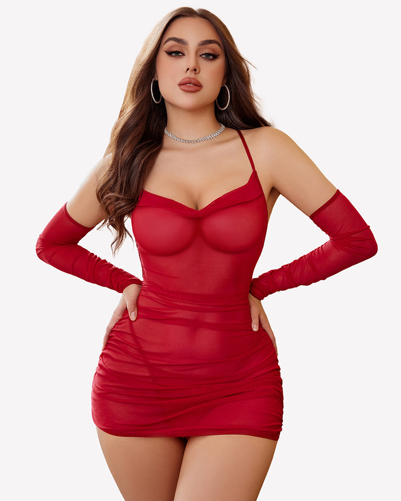 Sheer Mesh Lingerie Dress With Gloves Outfits Wine Red Lingeries-Chemises - Tophatter Daily Deals