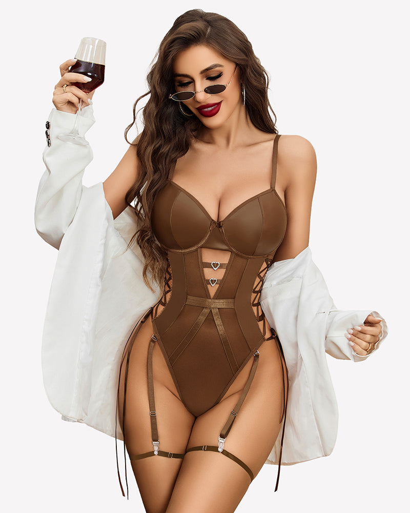 Leather Teddy Mesh Garter Belt Set Brown Lingeries-Bodysuits - Tophatter Daily Deals