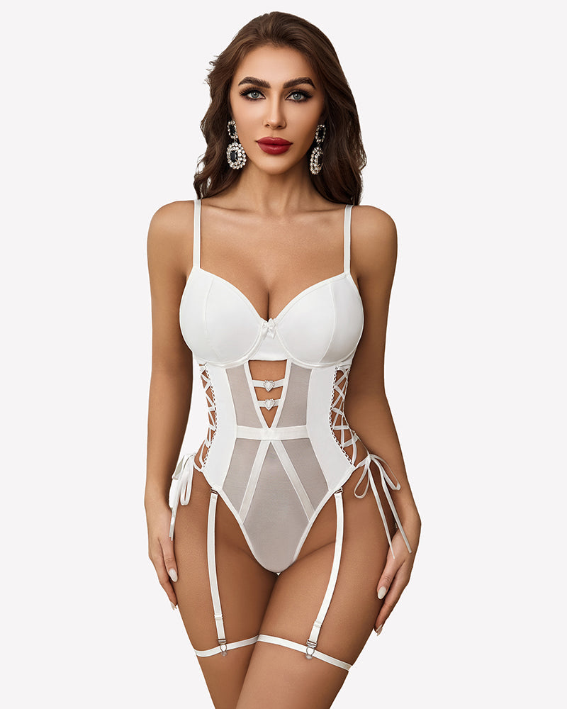 Leather Teddy Mesh Garter Belt Set Lingeries-Bodysuits - Tophatter Daily Deals