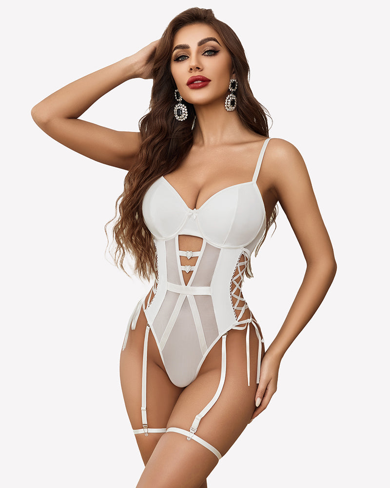 Leather Teddy Mesh Garter Belt Set White Lingeries-Bodysuits - Tophatter Daily Deals