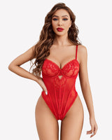 V Neck Lace Teddy Push Up Bodysuit Red Lingeries-Bodysuits - Tophatter Daily Deals