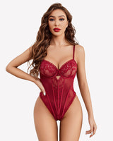 V Neck Lace Teddy Push Up Bodysuit Wine Red Lingeries-Bodysuits - Tophatter Daily Deals