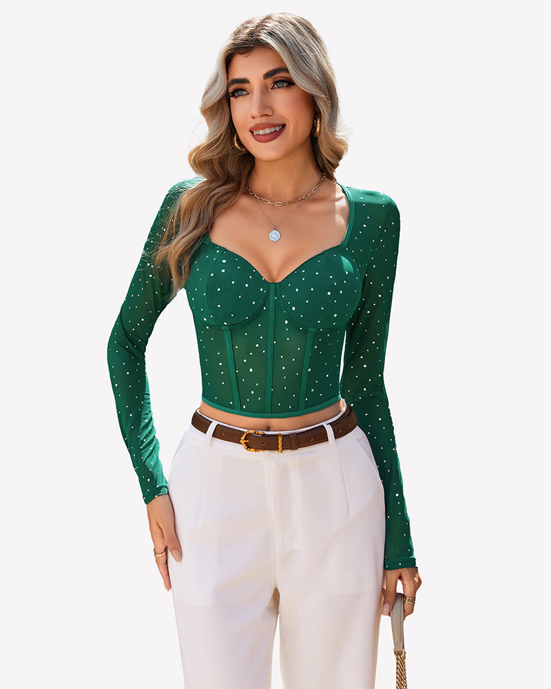 Long Sleeve Rhinestone Crop Top Green Lingeries-Crop tops - Tophatter Daily Deals