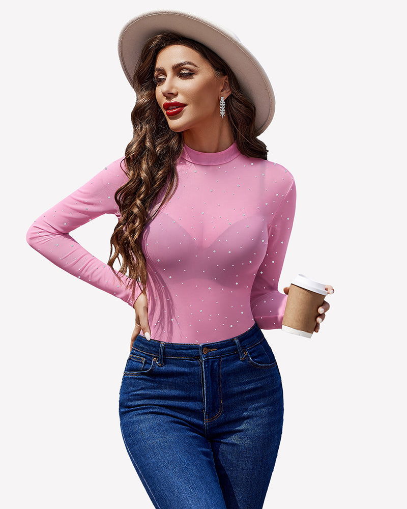 Mesh Rhinestone Sheer Tops Hot Pink Lingeries-Crop tops - Tophatter Daily Deals