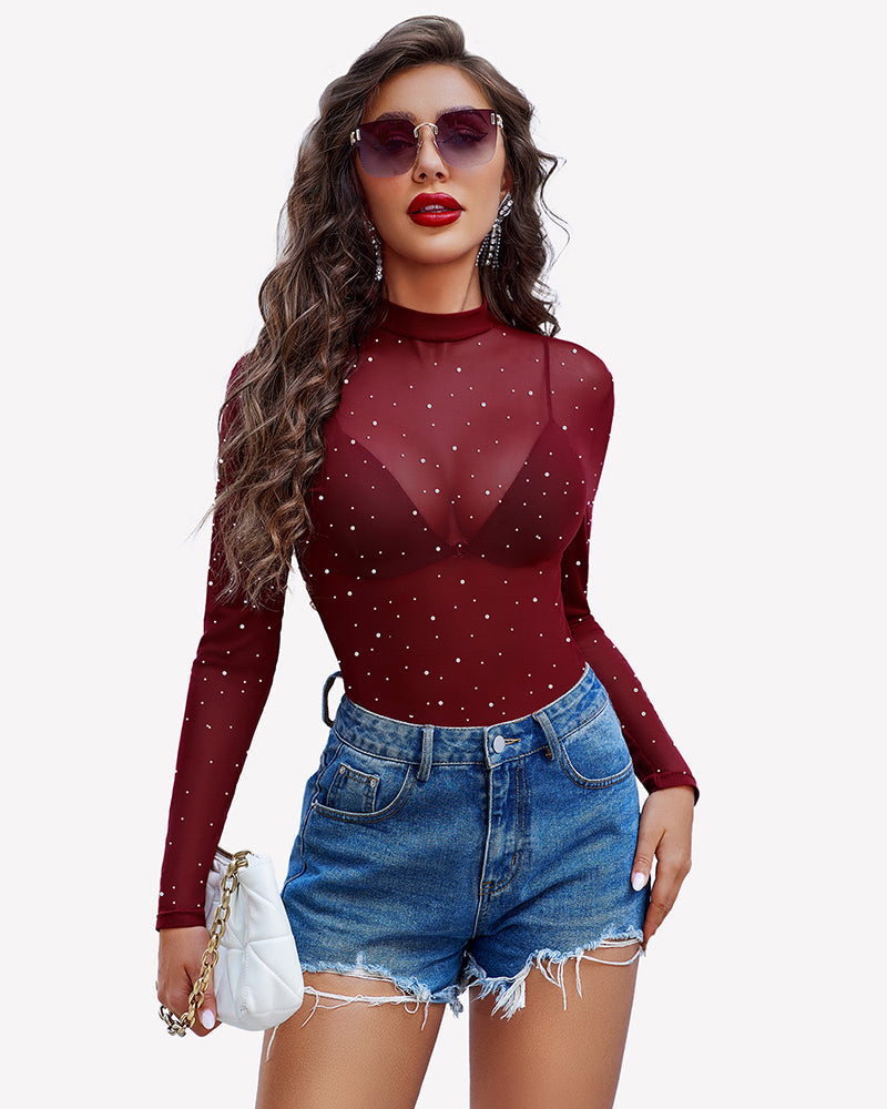 Mesh Rhinestone Sheer Tops Wine Red Lingeries-Crop tops - Tophatter Daily Deals