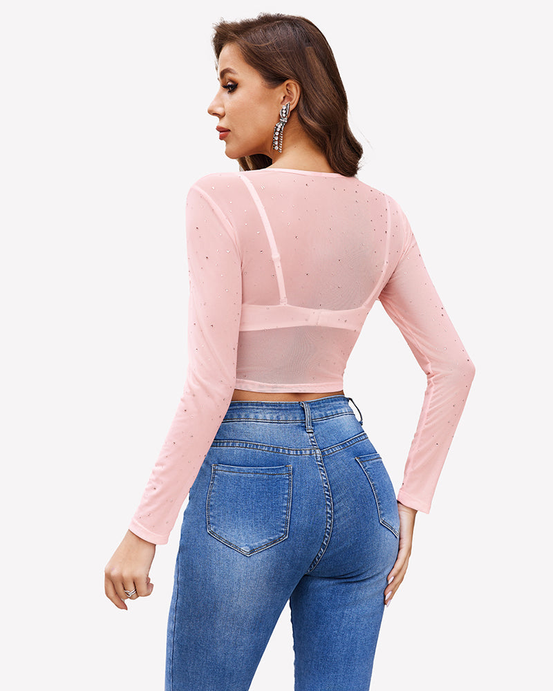 Rhinestone Mesh See Through Crop Top Lingeries-Crop tops - Tophatter Daily Deals