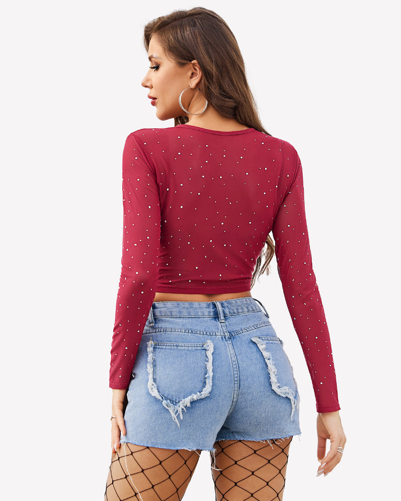 Rhinestone Mesh See Through Crop Top Lingeries-Crop tops - Tophatter Daily Deals