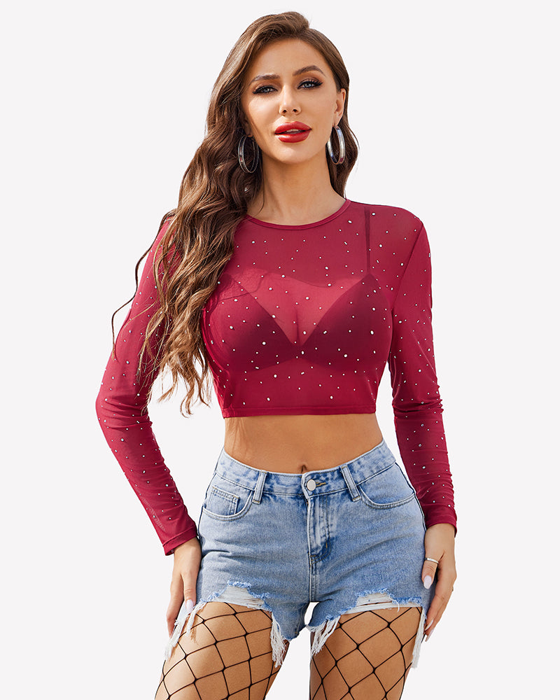 Rhinestone Mesh See Through Crop Top Wine Red Lingeries-Crop tops - Tophatter Daily Deals