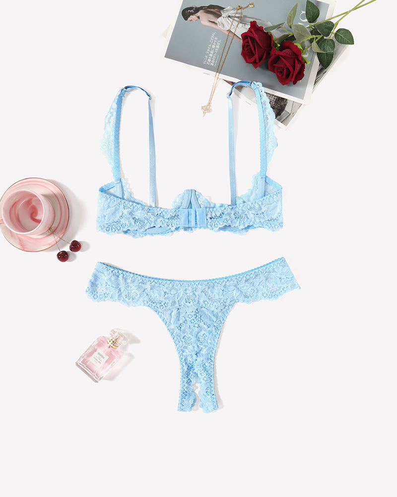 Push Up Lace Bra and Panty Sets Light Blue Lingerie Sets-Bra Sets - Tophatter Daily Deals