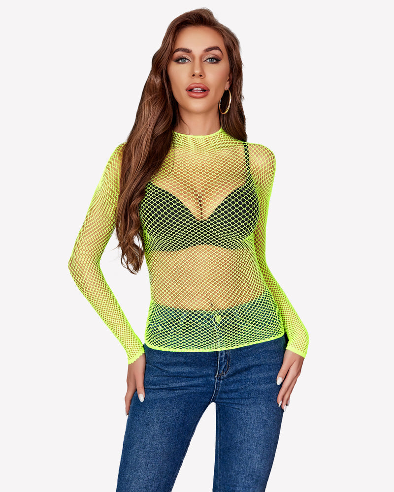 Fishnet Mesh Long Sleeve Tops Fluorescent Green One Size Lingeries-Crop tops - Tophatter Daily Deals