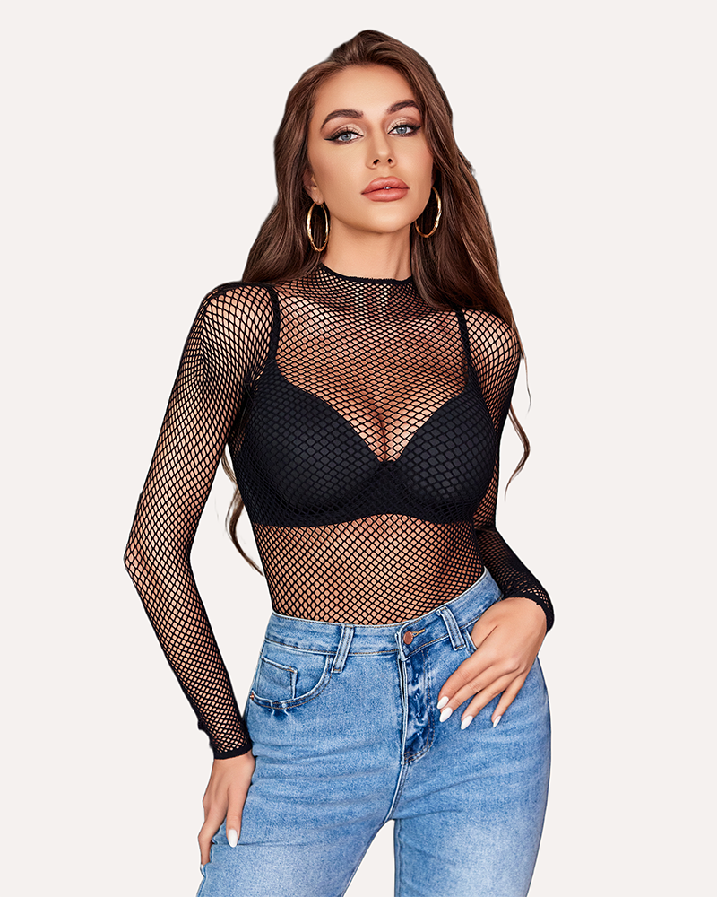 Fishnet Mesh Long Sleeve Tops Lingeries-Crop tops - Tophatter Daily Deals