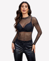 Fishnet Mesh Long Sleeve Tops Black Rhinestone One Size Lingeries-Crop tops - Tophatter Daily Deals