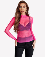 Fishnet Mesh Long Sleeve Tops Fluorescent Pink One Size Lingeries-Crop tops - Tophatter Daily Deals