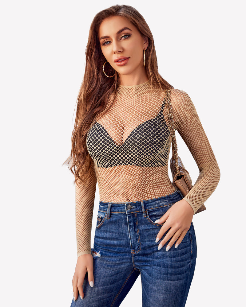 Fishnet Mesh Long Sleeve Tops Lingeries-Crop tops - Tophatter Daily Deals