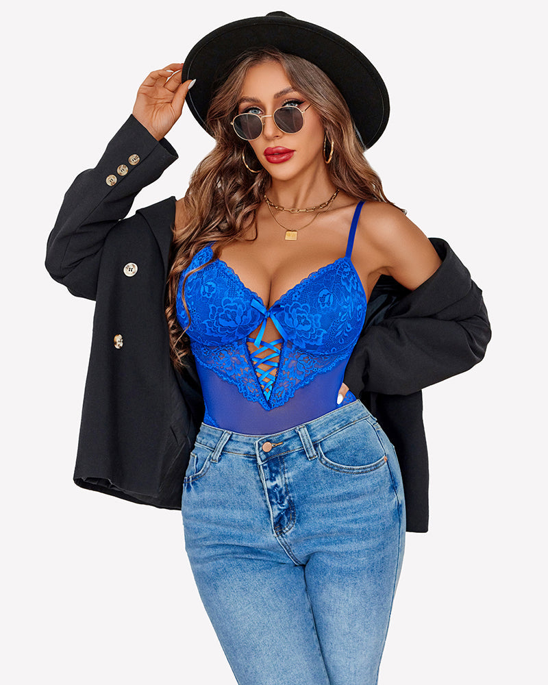 Lace V Neck Mini Bodysuit Lingeries-Bodysuits - Tophatter Daily Deals