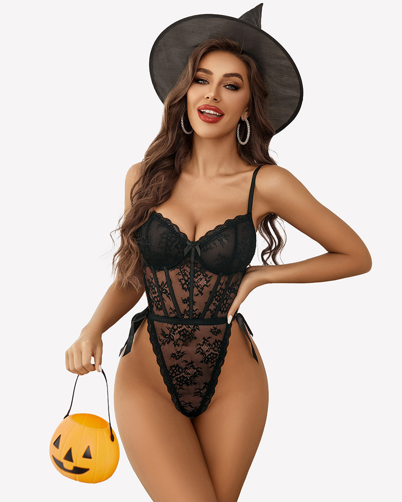 Deep V Lace Bodysuit Satiny Side Ties Black Lingeries-Bodysuits - Tophatter Daily Deals