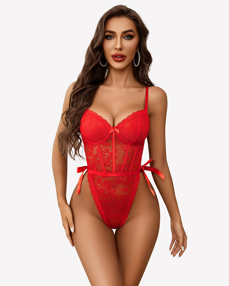 Deep V Lace Bodysuit Satiny Side Ties Lingeries-Bodysuits - Tophatter Daily Deals