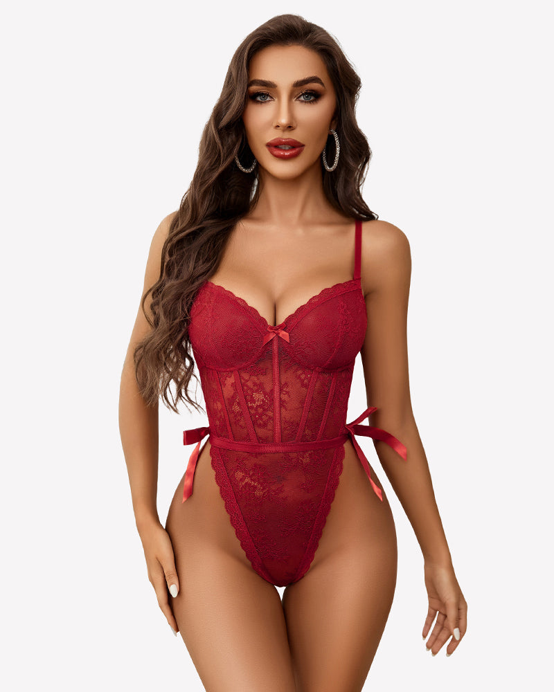 Deep V Lace Bodysuit Satiny Side Ties Wine Red Lingeries-Bodysuits - Tophatter Daily Deals