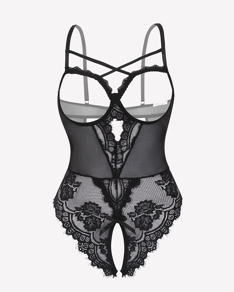 Floral Lace Crotchless Teddy Mini Babydoll Black Lingeries-Bodysuits - Tophatter Daily Deals