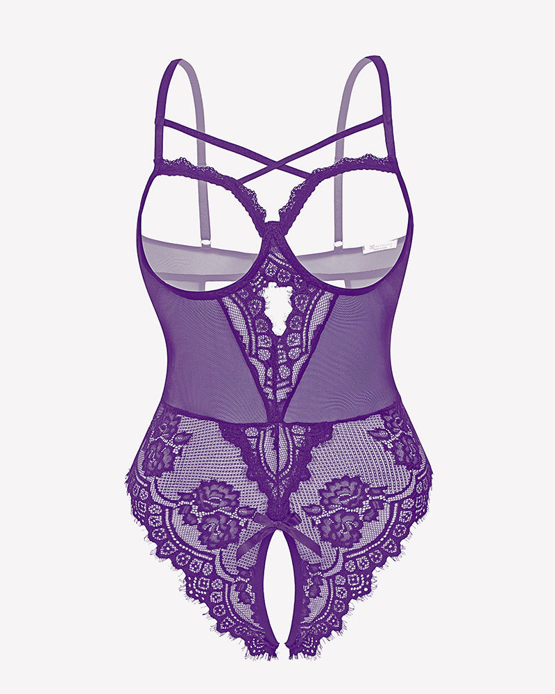 Floral Lace Crotchless Teddy Mini Babydoll Purple Lingeries-Bodysuits - Tophatter Daily Deals