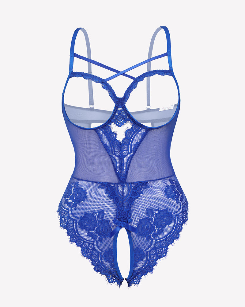 Floral Lace Crotchless Teddy Mini Babydoll Blue Lingeries-Bodysuits - Tophatter Daily Deals