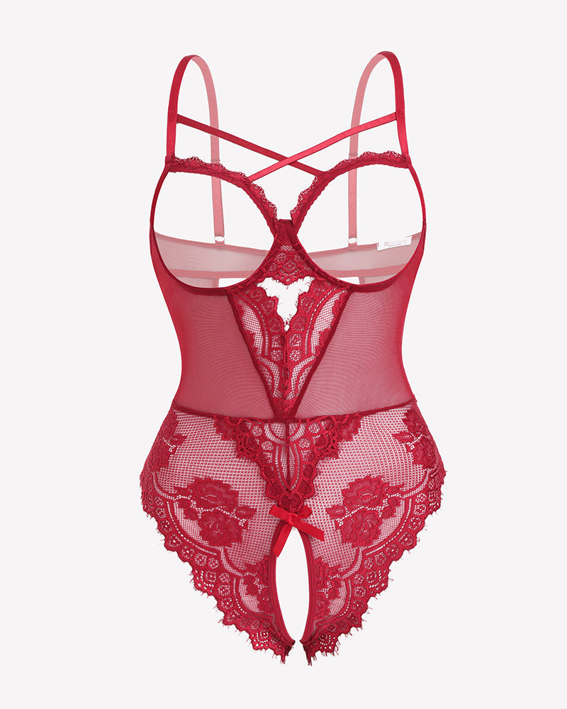 Floral Lace Crotchless Teddy Mini Babydoll Wine Red Lingeries-Bodysuits - Tophatter Daily Deals