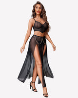 3 Piece Set Mesh Side Split Nightgown Lingerie Sets-Skirt Sets - Tophatter Daily Deals
