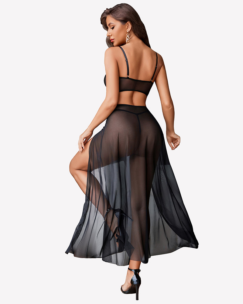 3 Piece Set Mesh Side Split Nightgown Lingerie Sets-Skirt Sets - Tophatter Daily Deals