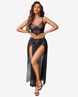 3 Piece Set Mesh Side Split Nightgown Black Lingerie Sets-Skirt Sets - Tophatter Daily Deals