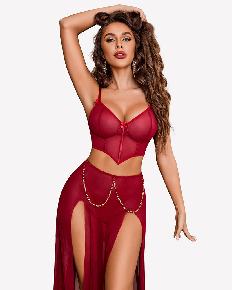 3 Piece Set Mesh Side Split Nightgown Lingerie Sets-Skirt Sets - Tophatter Daily Deals