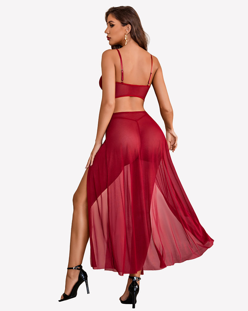 3 Piece Set Mesh Side Split Nightgown Lingerie Sets-Skirt Sets - Tophatter Daily Deals