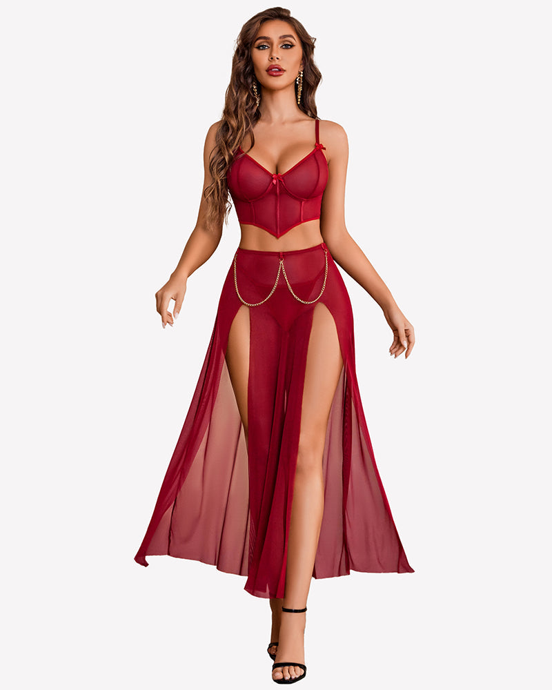 3 Piece Set Mesh Side Split Nightgown Lingerie Sets-Skirt Sets - Tophatter Daily Deals