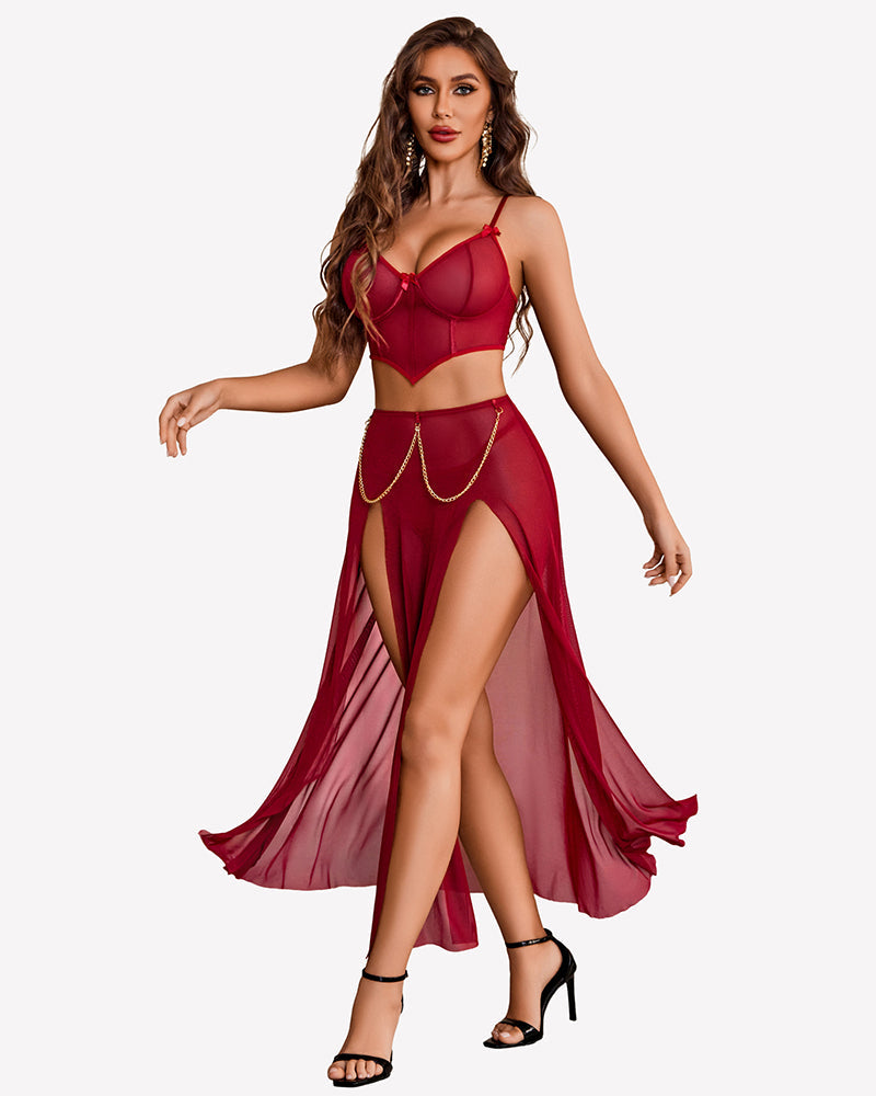 3 Piece Set Mesh Side Split Nightgown Lingerie Sets-Skirt Sets - Tophatter Daily Deals